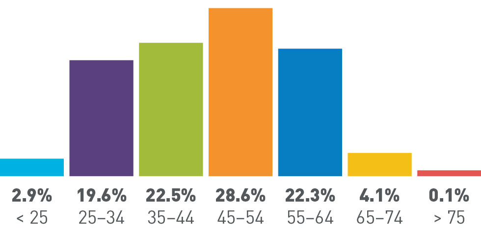 Under 25 years old: 2.9%, 25-34 years old: 19.6%, 35-44 years old: 22.5%, 45-54 years old: 28.6%, 55-64 years old: 22.3%, 65-74 years old: 4.1%, Over 75 years old: 0.1%